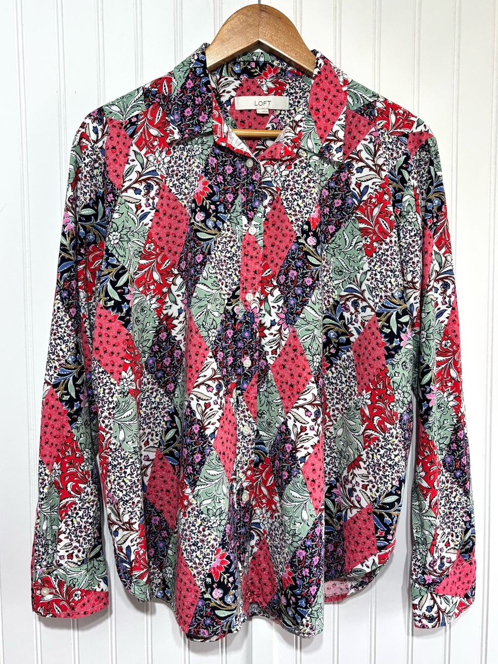 LOFT Floral Patchwork Cottagecore Button Down Shirt Multicolor Size Large